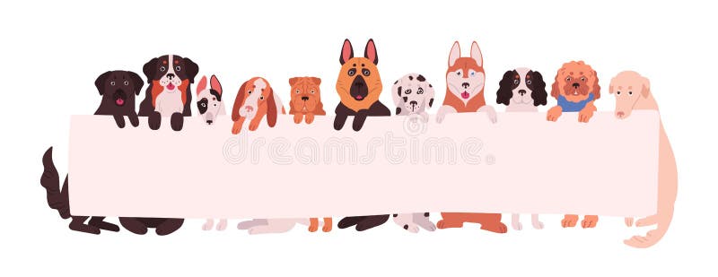 Group of adorable dogs of different breeds holding empty banner with place for text. Amusing domestic animals or pets with placard isolated on white background. Flat cartoon vector illustration. Group of adorable dogs of different breeds holding empty banner with place for text. Amusing domestic animals or pets with placard isolated on white background. Flat cartoon vector illustration